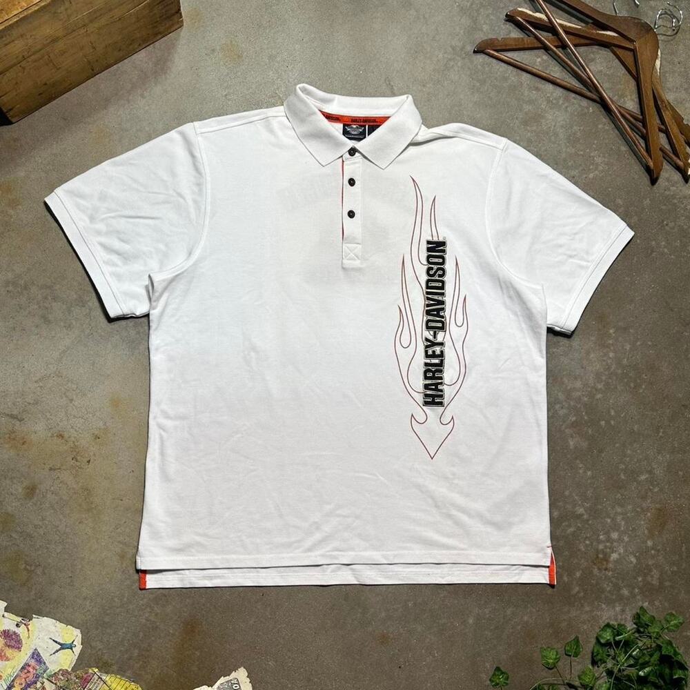 Harley Davidson Embroidered Flames Polo Shirt Mens 2XL White Biker Button Up Tee
